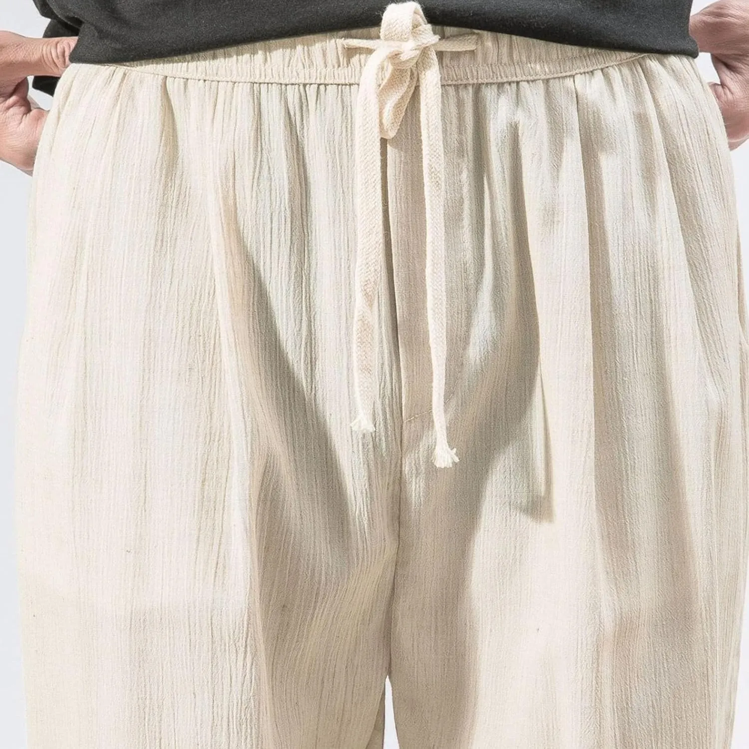Men's Casual Baggy Solid Tapered Pants Linen Drawstring Stylish Trousers Lightweight Elastic Waist Outdoor Pants