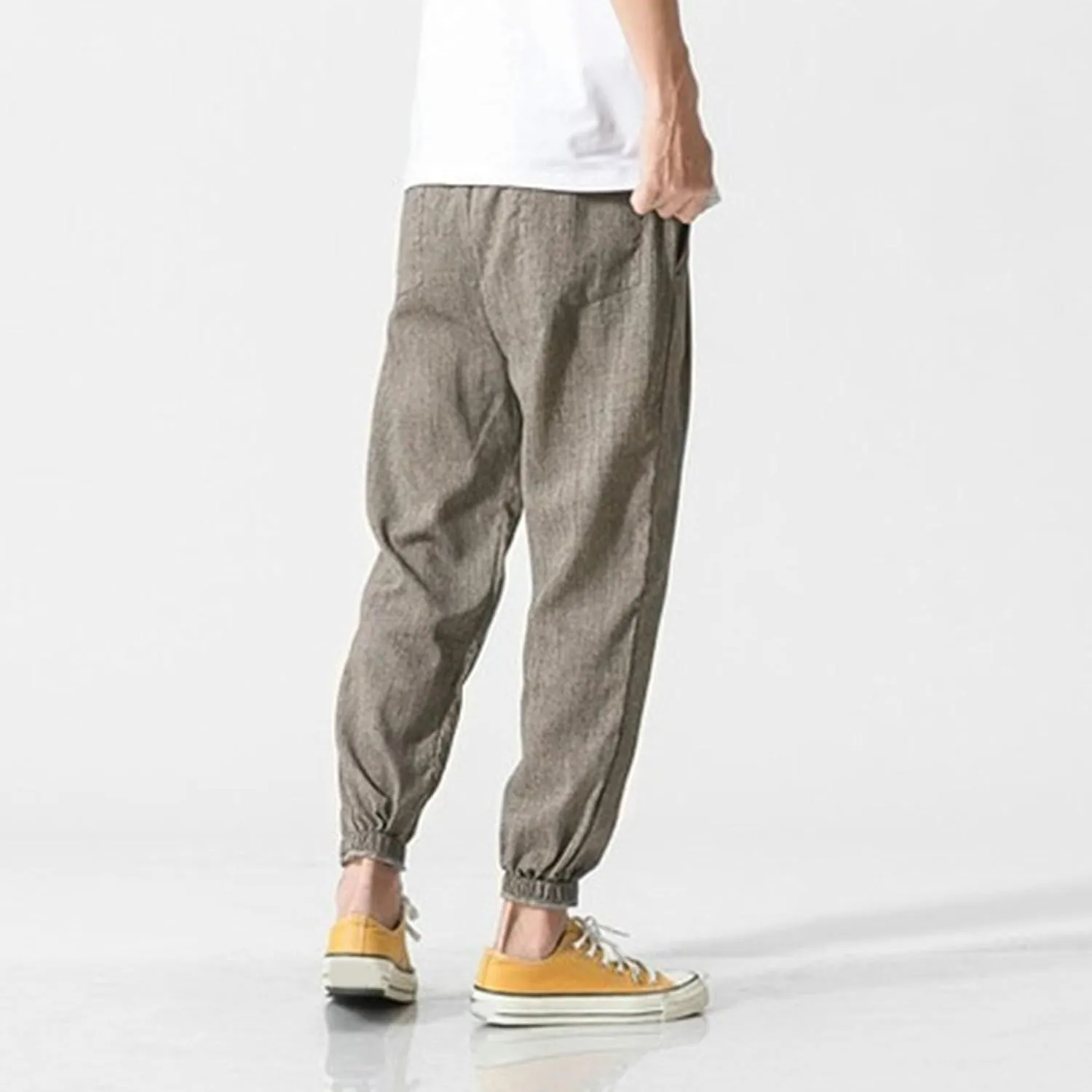 Men's Casual Baggy Solid Tapered Pants Linen Drawstring Stylish Trousers Lightweight Elastic Waist Outdoor Pants