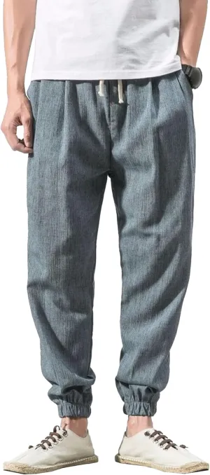 Men's Casual Baggy Solid Tapered Pants Linen Drawstring Stylish Trousers Lightweight Elastic Waist Outdoor Pants