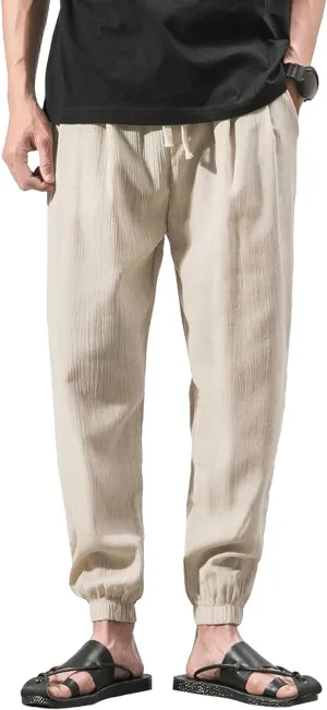 Men's Casual Baggy Solid Tapered Pants Linen Drawstring Stylish Trousers Lightweight Elastic Waist Outdoor Pants
