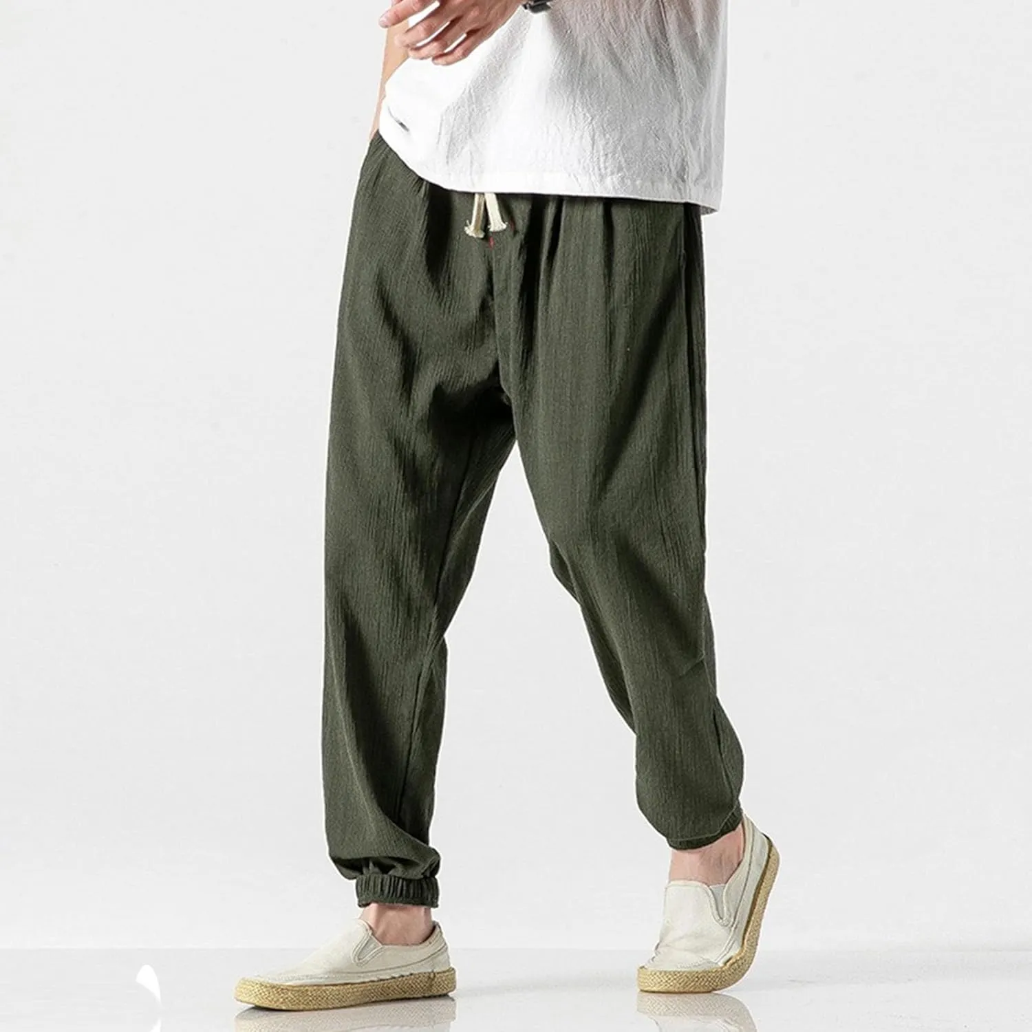 Men's Casual Baggy Solid Tapered Pants Linen Drawstring Stylish Trousers Lightweight Elastic Waist Outdoor Pants