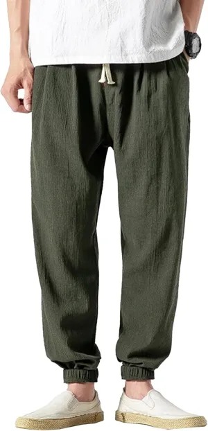 Men's Casual Baggy Solid Tapered Pants Linen Drawstring Stylish Trousers Lightweight Elastic Waist Outdoor Pants