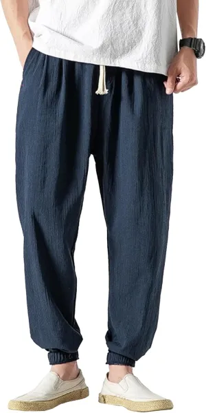 Men's Casual Baggy Solid Tapered Pants Linen Drawstring Stylish Trousers Lightweight Elastic Waist Outdoor Pants