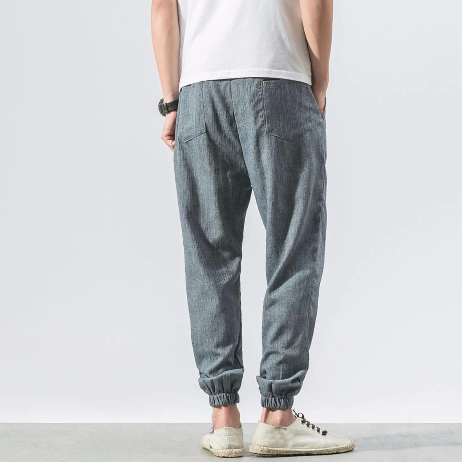 Men's Casual Baggy Solid Tapered Pants Linen Drawstring Stylish Trousers Lightweight Elastic Waist Outdoor Pants