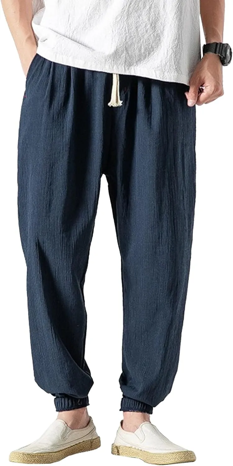 Men's Casual Baggy Solid Tapered Pants Linen Drawstring Stylish Trousers Lightweight Elastic Waist Outdoor Pants