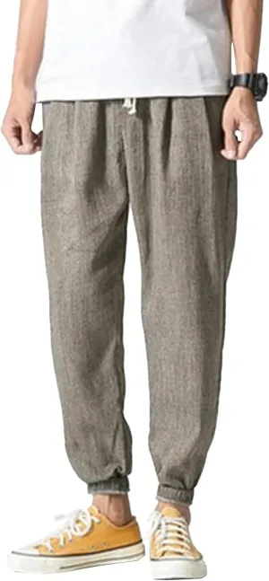 Men's Casual Baggy Solid Tapered Pants Linen Drawstring Stylish Trousers Lightweight Elastic Waist Outdoor Pants