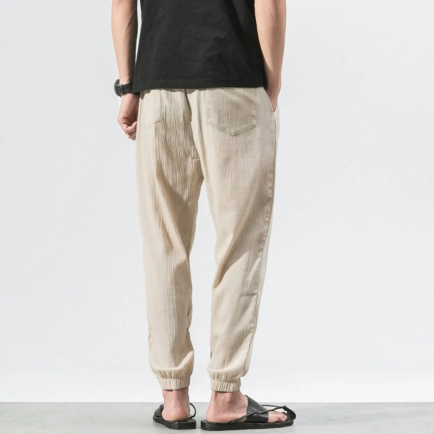 Men's Casual Baggy Solid Tapered Pants Linen Drawstring Stylish Trousers Lightweight Elastic Waist Outdoor Pants
