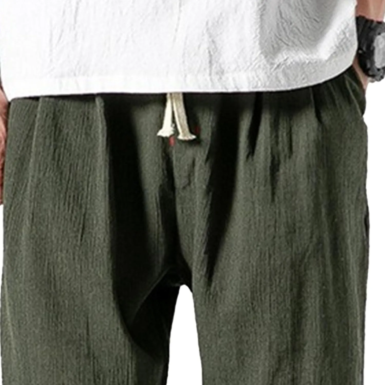Men's Casual Baggy Solid Tapered Pants Linen Drawstring Stylish Trousers Lightweight Elastic Waist Outdoor Pants