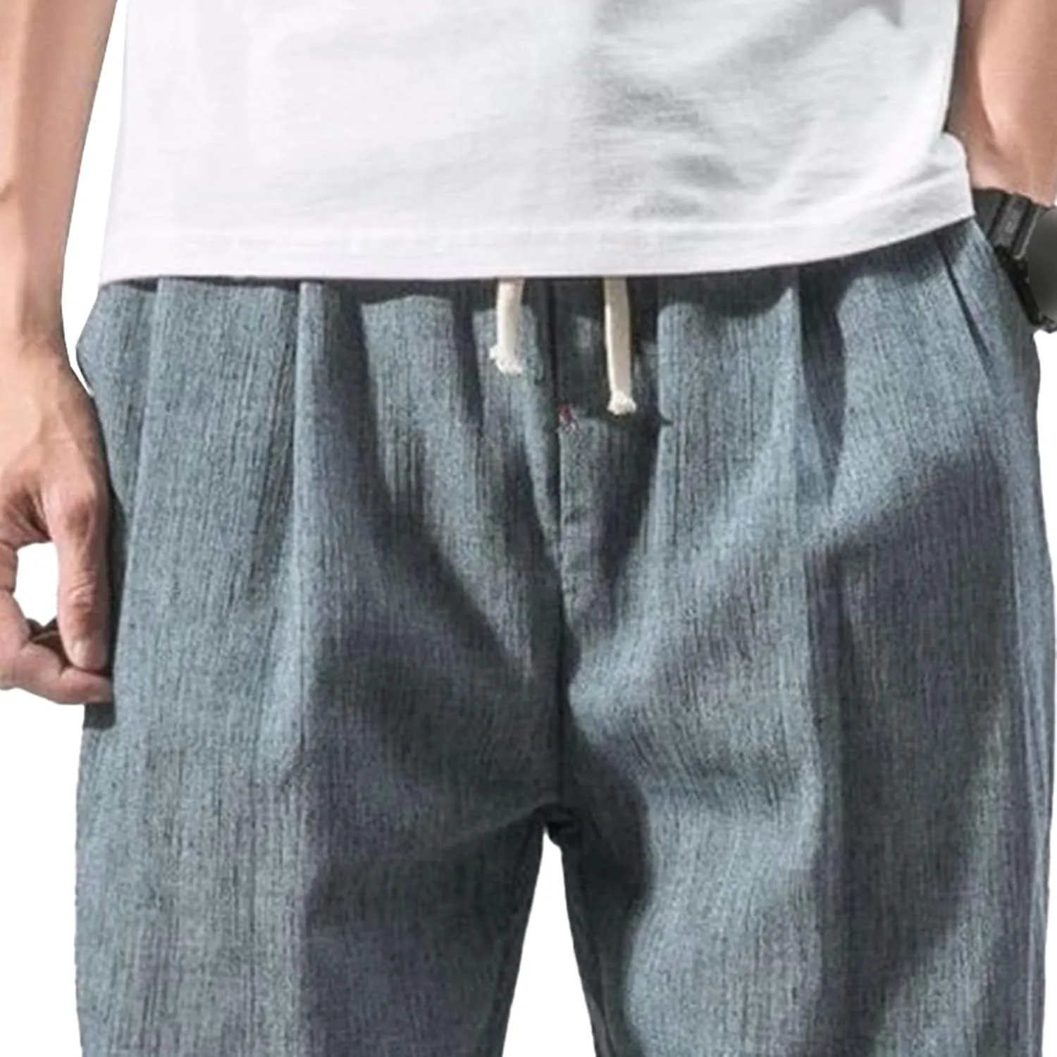Men's Casual Baggy Solid Tapered Pants Linen Drawstring Stylish Trousers Lightweight Elastic Waist Outdoor Pants
