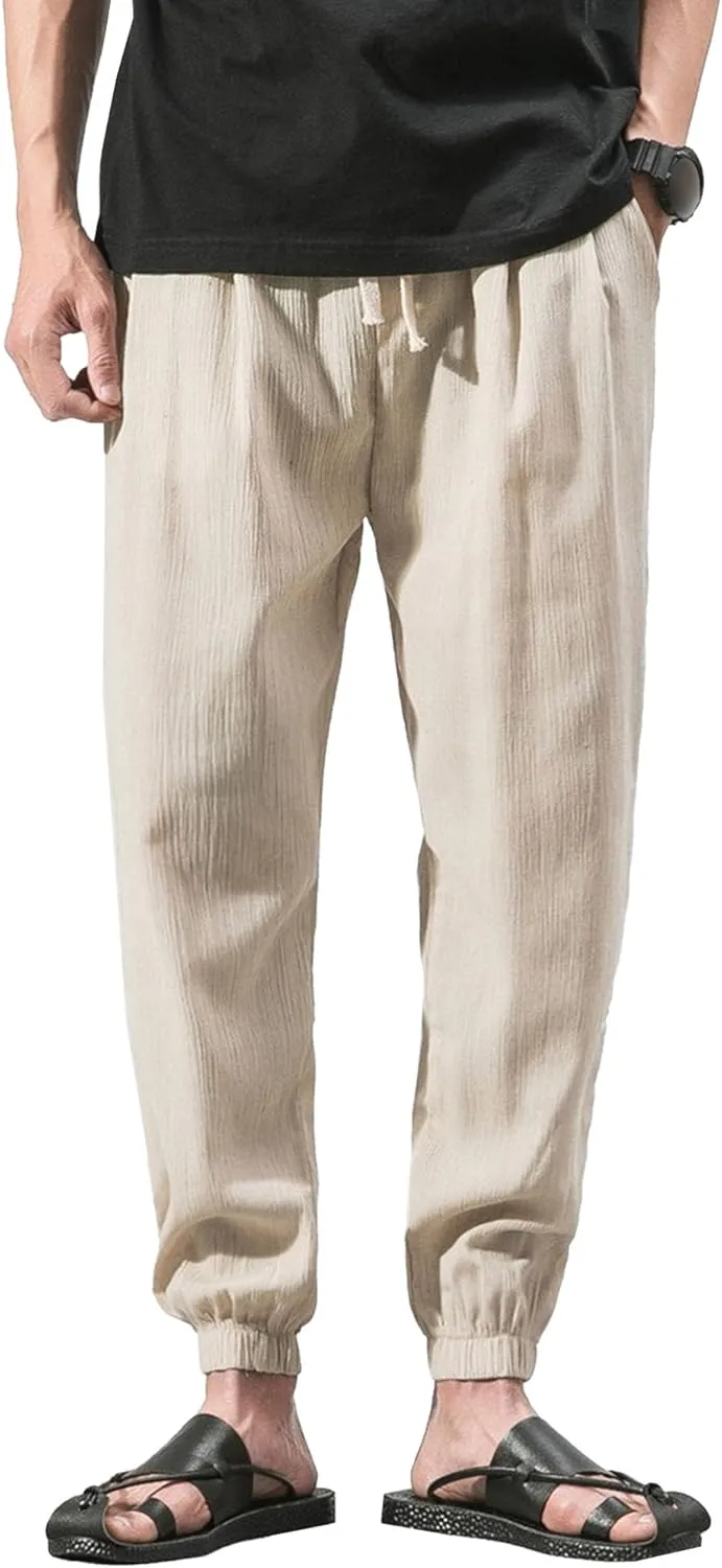 Men's Casual Baggy Solid Tapered Pants Linen Drawstring Stylish Trousers Lightweight Elastic Waist Outdoor Pants