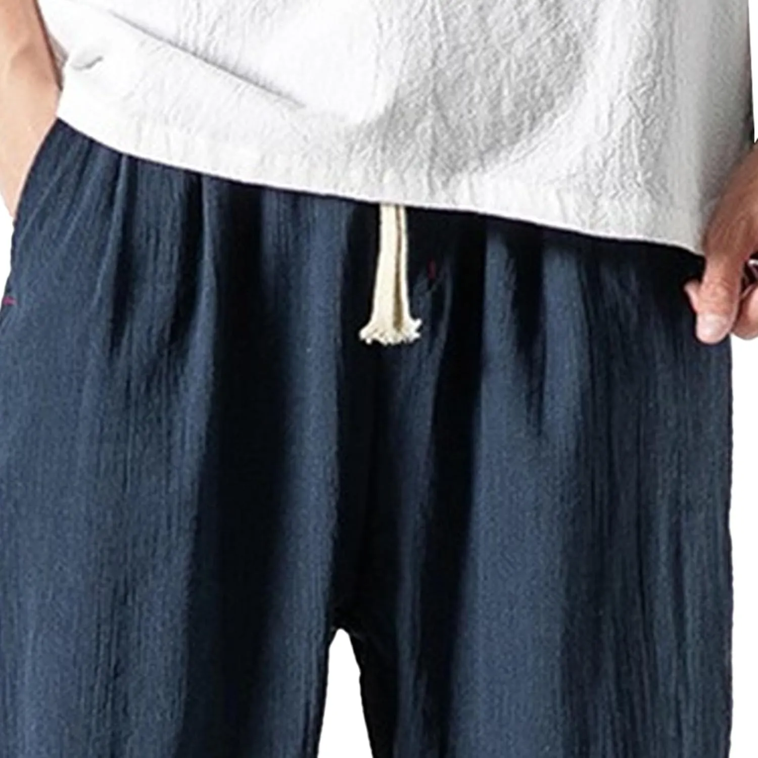 Men's Casual Baggy Solid Tapered Pants Linen Drawstring Stylish Trousers Lightweight Elastic Waist Outdoor Pants