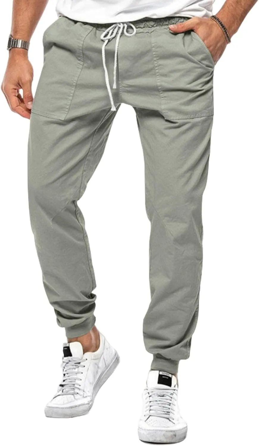 Mens Casual Chino Cargo Pants Loose Drawstring Sweatpants Elastic Waist Cotton Breathable Outdoor Fall Trousers
