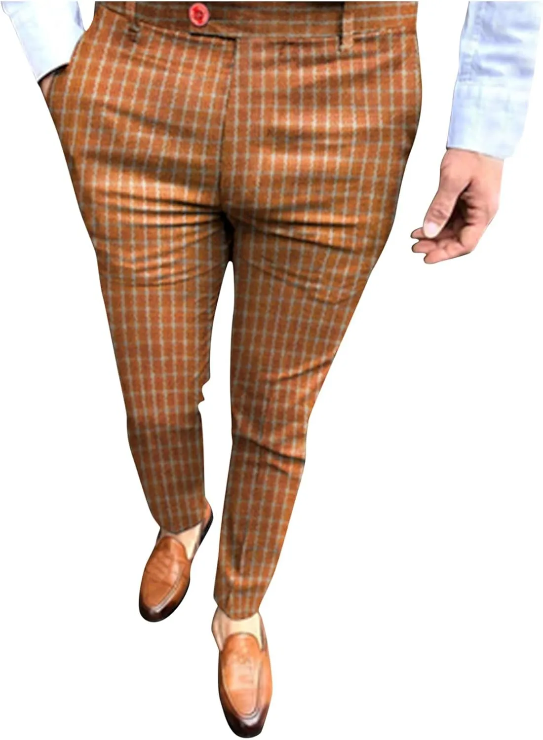 Mens Casual Pants Slim Fit Stretch Skinny Flat-Front Striped Plaid Dress Pants Stylish Checkered Business Chinos Trousers Orange