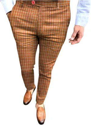 Mens Casual Pants Slim Fit Stretch Skinny Flat-Front Striped Plaid Dress Pants Stylish Checkered Business Chinos Trousers Orange