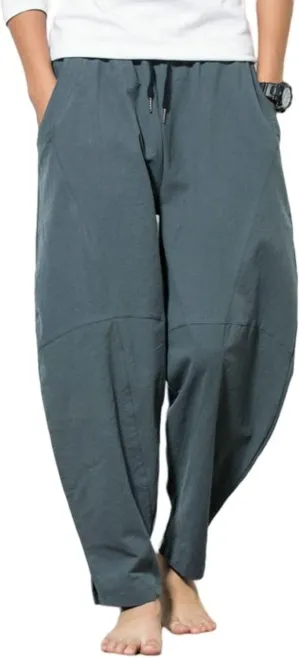 Mens Casual Pants Wide Legs Drawstring Elastic Waist Retro Classic Breathable Baggy Solid Sweatpants Joggers Trousers