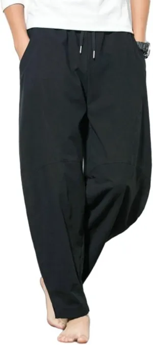 Mens Casual Pants Wide Legs Drawstring Elastic Waist Retro Classic Breathable Baggy Solid Sweatpants Joggers Trousers