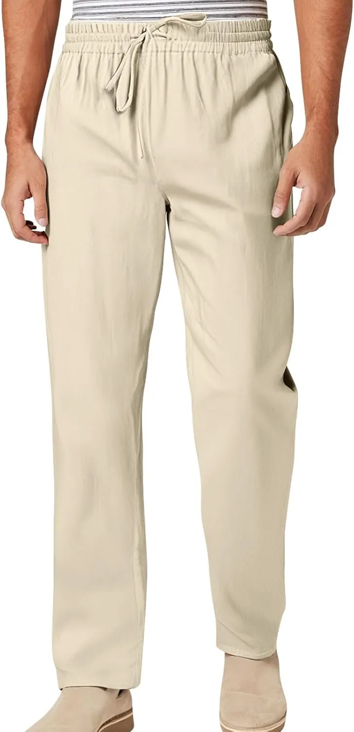 Men's Cotton and Linen Loose Stretch Drawstring Waist Summer Breathable Straight Beach Pants 2025