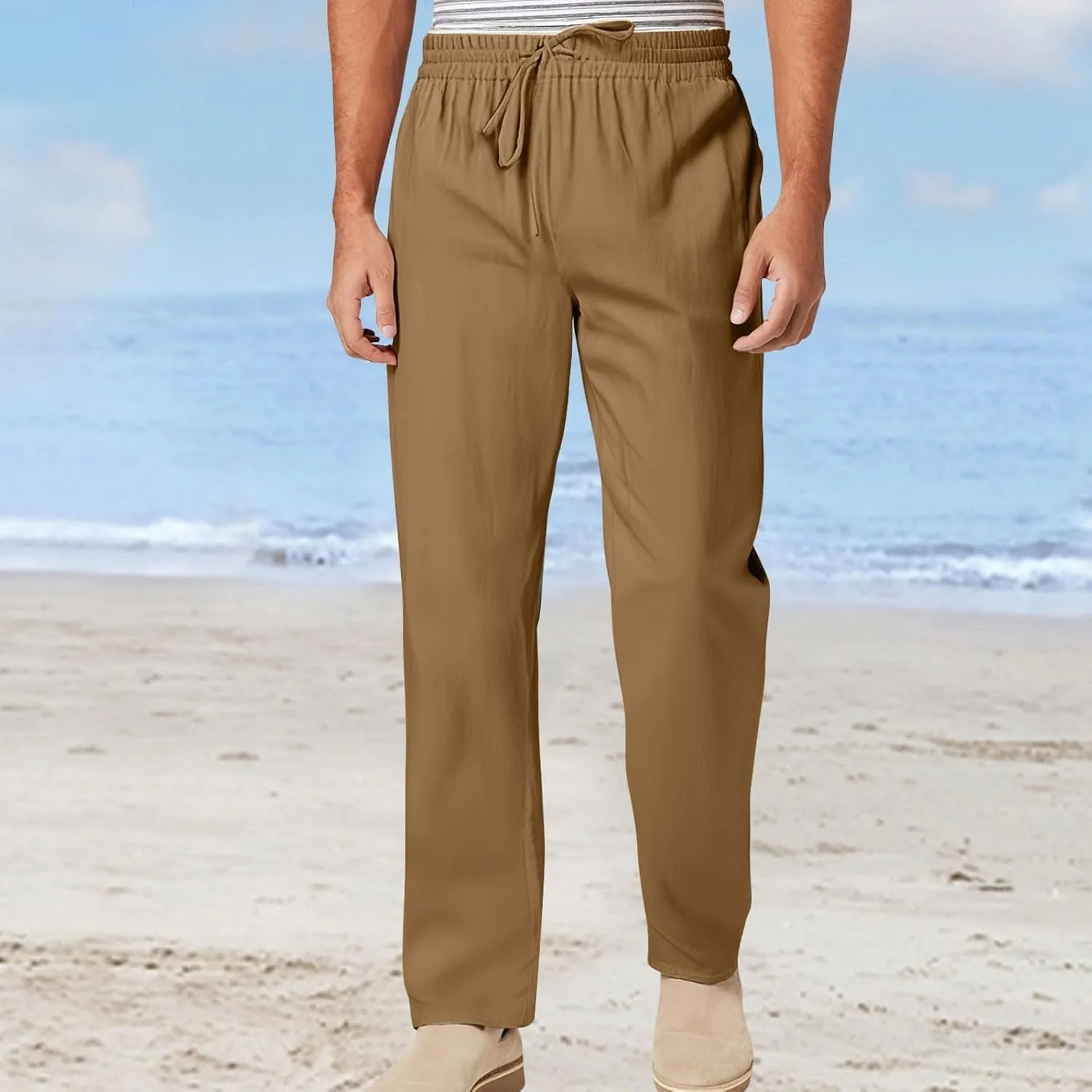Men's Cotton and Linen Loose Stretch Drawstring Waist Summer Breathable Straight Beach Pants 2025
