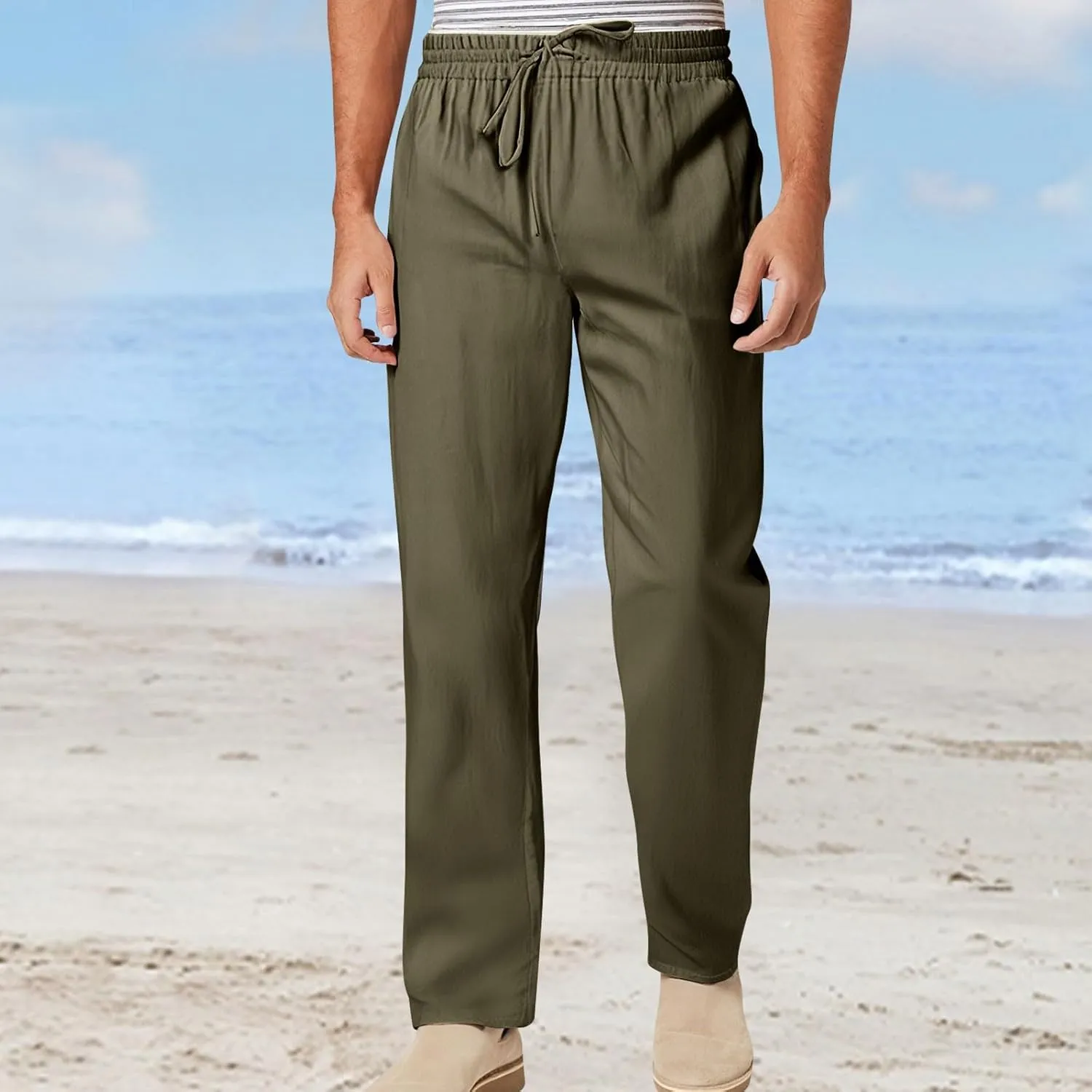 Men's Cotton and Linen Loose Stretch Drawstring Waist Summer Breathable Straight Beach Pants 2025