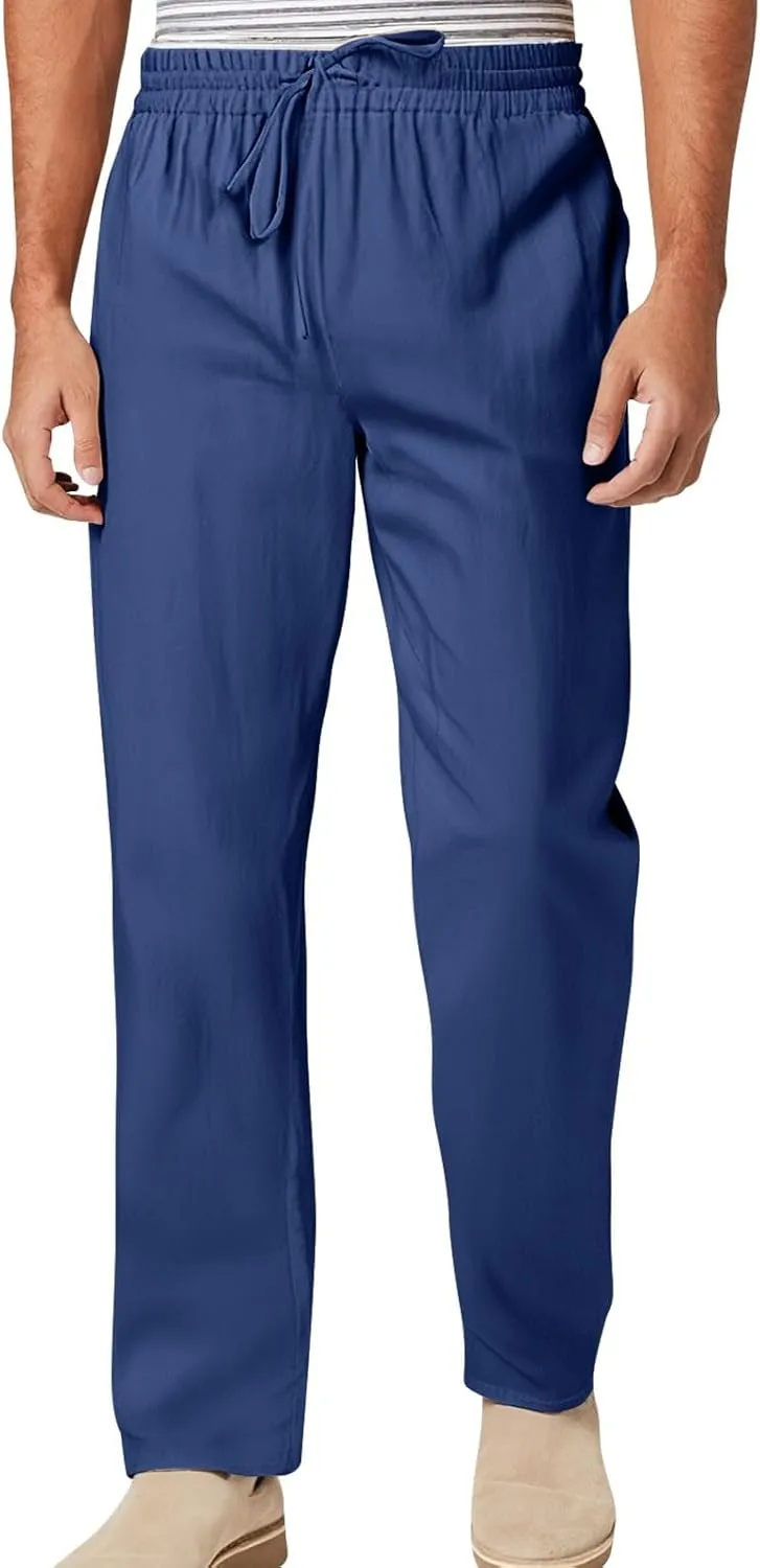 Men's Cotton and Linen Loose Stretch Drawstring Waist Summer Breathable Straight Beach Pants 2025