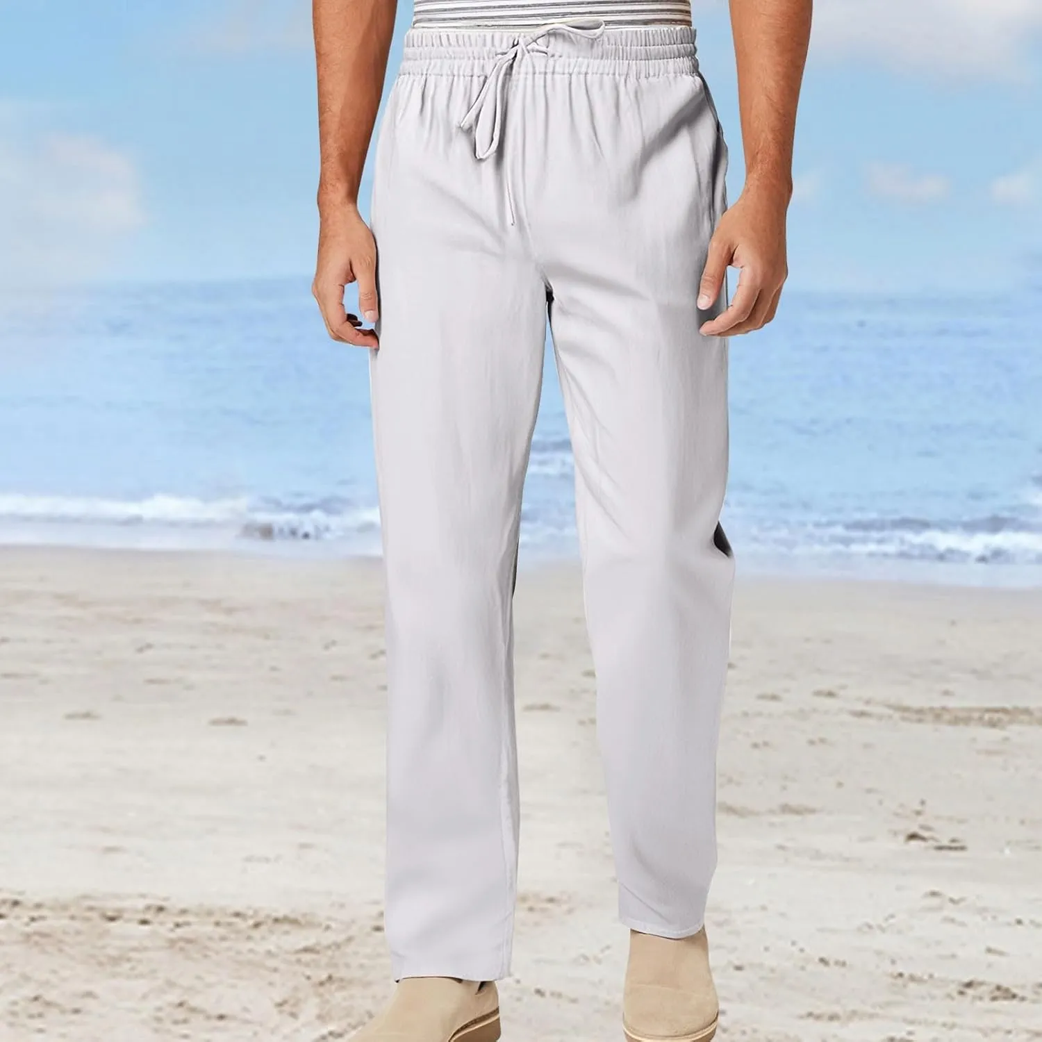 Men's Cotton and Linen Loose Stretch Drawstring Waist Summer Breathable Straight Beach Pants 2025