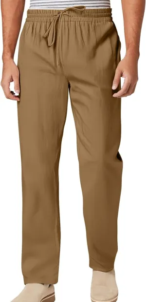Men's Cotton and Linen Loose Stretch Drawstring Waist Summer Breathable Straight Beach Pants 2025