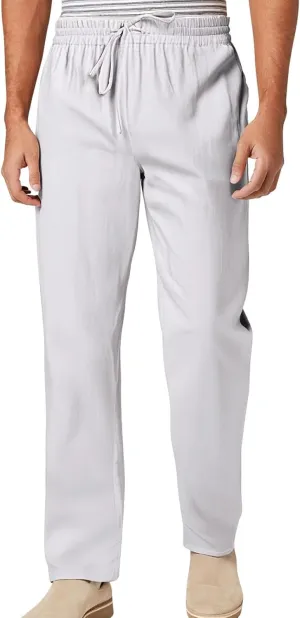 Men's Cotton and Linen Loose Stretch Drawstring Waist Summer Breathable Straight Beach Pants 2025