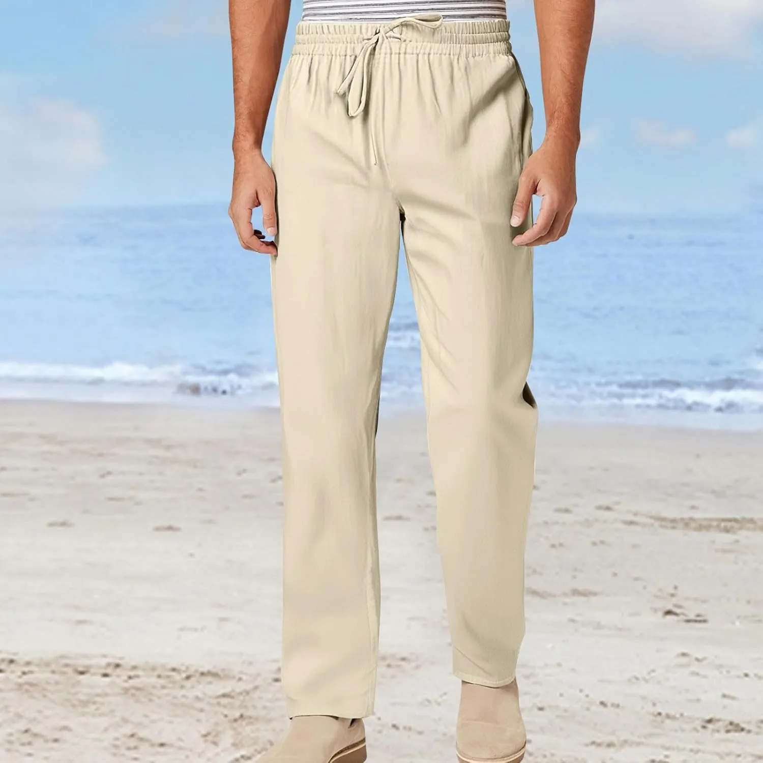 Men's Cotton and Linen Loose Stretch Drawstring Waist Summer Breathable Straight Beach Pants 2025