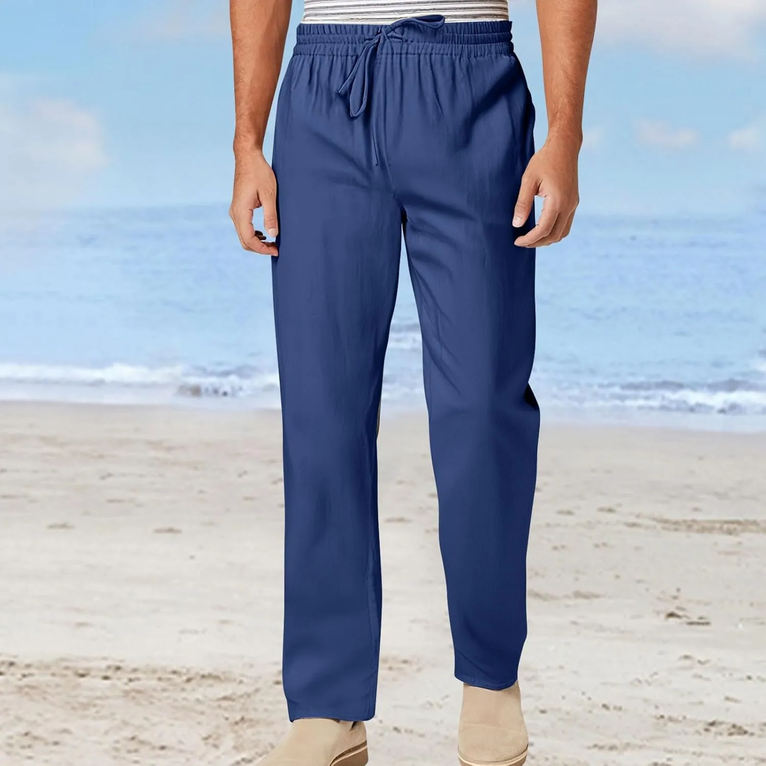 Men's Cotton and Linen Loose Stretch Drawstring Waist Summer Breathable Straight Beach Pants 2025