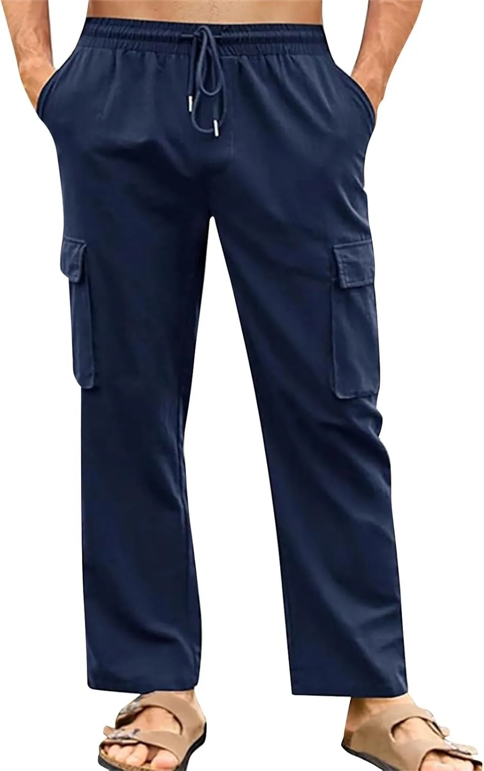 Men's Cotton Linen Cargo Pants Breathable Elastic Waist Drawstring Casual Loose Summer Beach Pants 2025