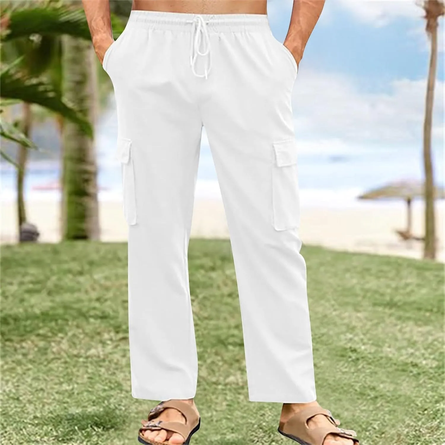 Men's Cotton Linen Cargo Pants Breathable Elastic Waist Drawstring Casual Loose Summer Beach Pants 2025