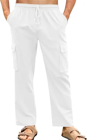 Men's Cotton Linen Cargo Pants Breathable Elastic Waist Drawstring Casual Loose Summer Beach Pants 2025