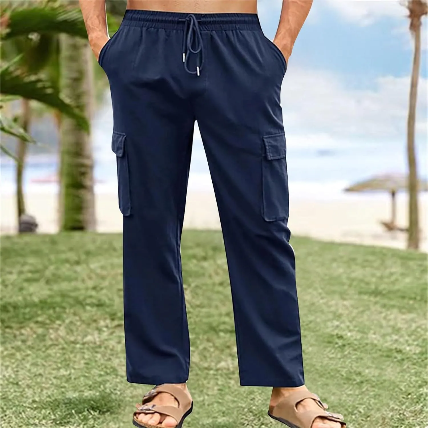 Men's Cotton Linen Cargo Pants Breathable Elastic Waist Drawstring Casual Loose Summer Beach Pants 2025