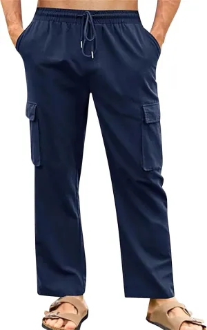 Men's Cotton Linen Cargo Pants Breathable Elastic Waist Drawstring Casual Loose Summer Beach Pants 2025
