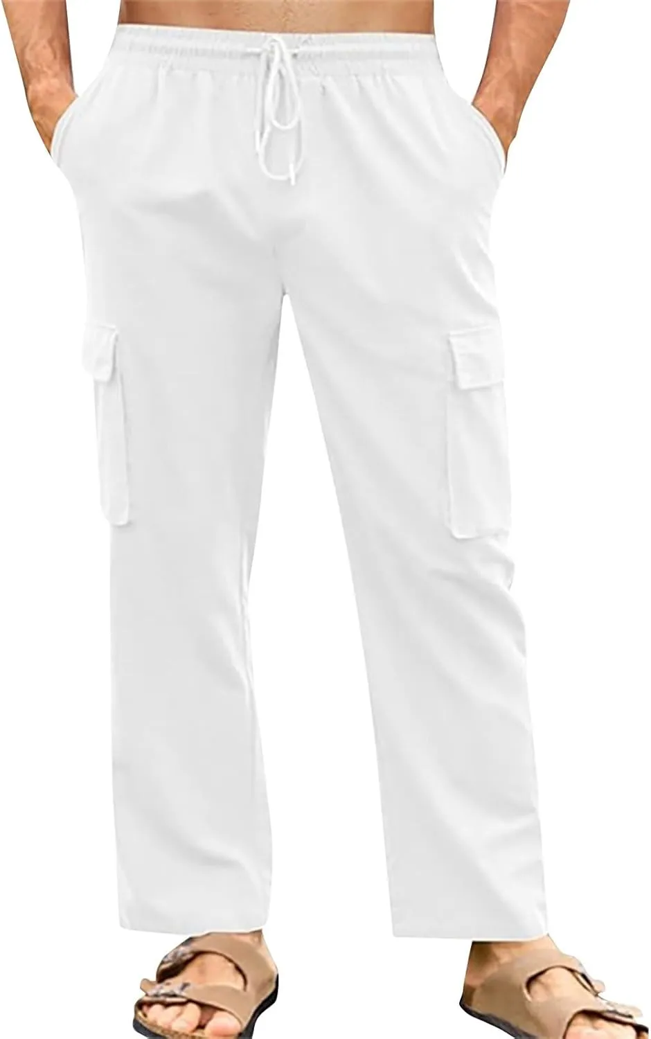 Men's Cotton Linen Cargo Pants Breathable Elastic Waist Drawstring Casual Loose Summer Beach Pants 2025
