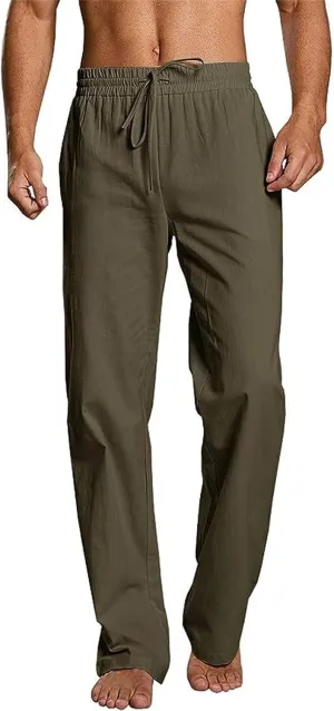 Mens Cotton Linen Pants Drawstring Elastic Waist Casual Trendy Breathable Solid Loose Fit Pants Outdoor Yoga Trousers
