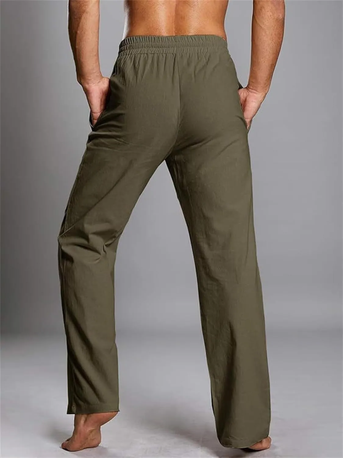 Mens Cotton Linen Pants Drawstring Elastic Waist Casual Trendy Breathable Solid Loose Fit Pants Outdoor Yoga Trousers