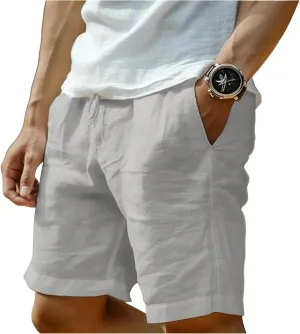 Men's Cotton Linen Shorts Solid Color Casual Pocket Button Shorts with Pockets