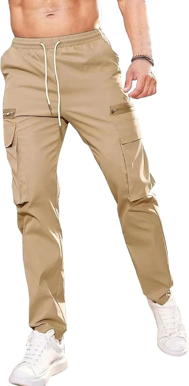 Men's Drawstring Straight Leg Cargo Pants Elastic Waist Athletic Work Trousers Stylish Casual Solid Outdoor Pants
