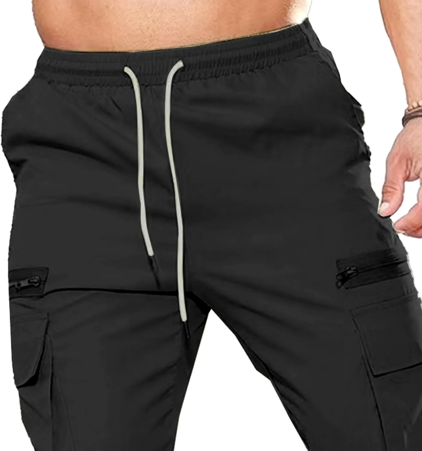 Men's Drawstring Straight Leg Cargo Pants Elastic Waist Athletic Work Trousers Stylish Casual Solid Outdoor Pants
