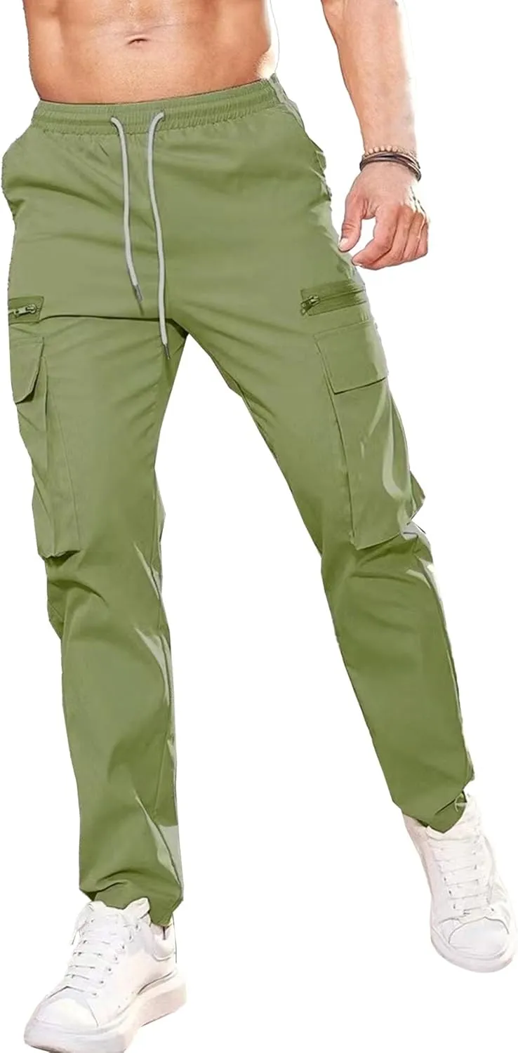 Men's Drawstring Straight Leg Cargo Pants Elastic Waist Athletic Work Trousers Stylish Casual Solid Outdoor Pants