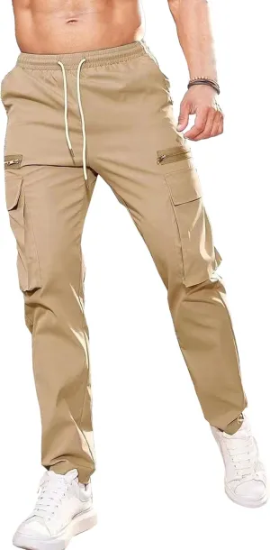 Men's Drawstring Straight Leg Cargo Pants Elastic Waist Athletic Work Trousers Stylish Casual Solid Outdoor Pants