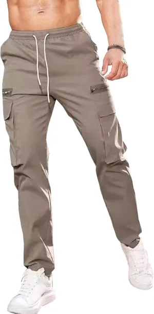 Men's Drawstring Straight Leg Cargo Pants Elastic Waist Athletic Work Trousers Stylish Casual Solid Outdoor Pants