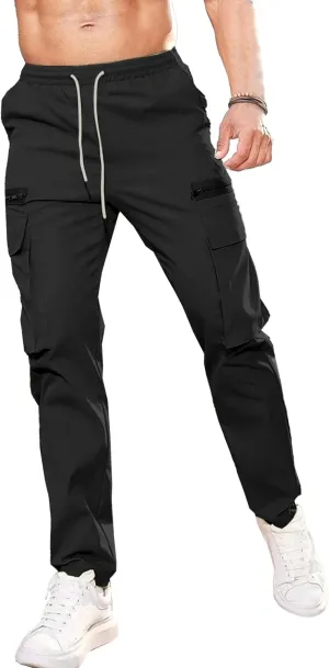 Men's Drawstring Straight Leg Cargo Pants Elastic Waist Athletic Work Trousers Stylish Casual Solid Outdoor Pants