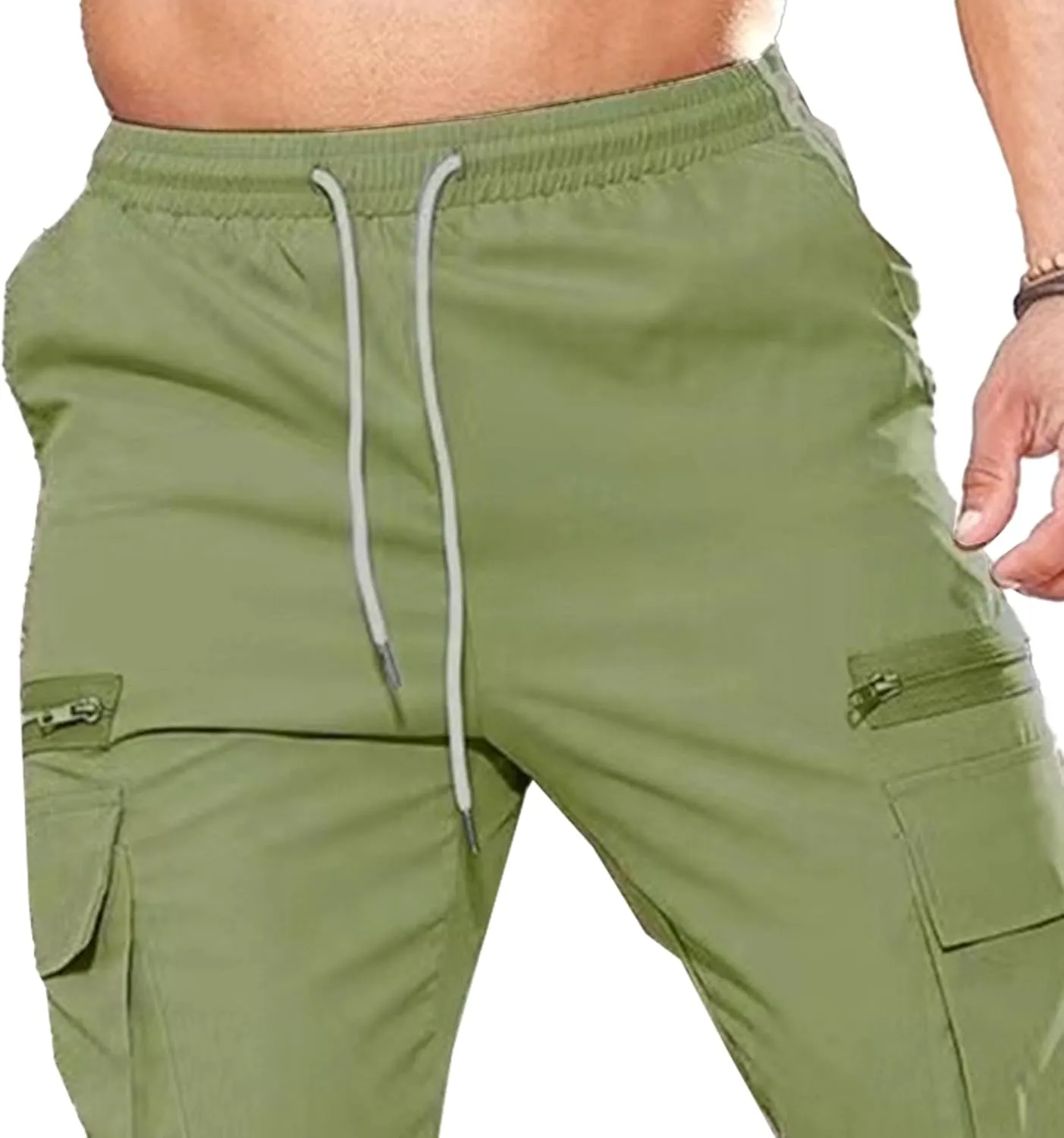Men's Drawstring Straight Leg Cargo Pants Elastic Waist Athletic Work Trousers Stylish Casual Solid Outdoor Pants