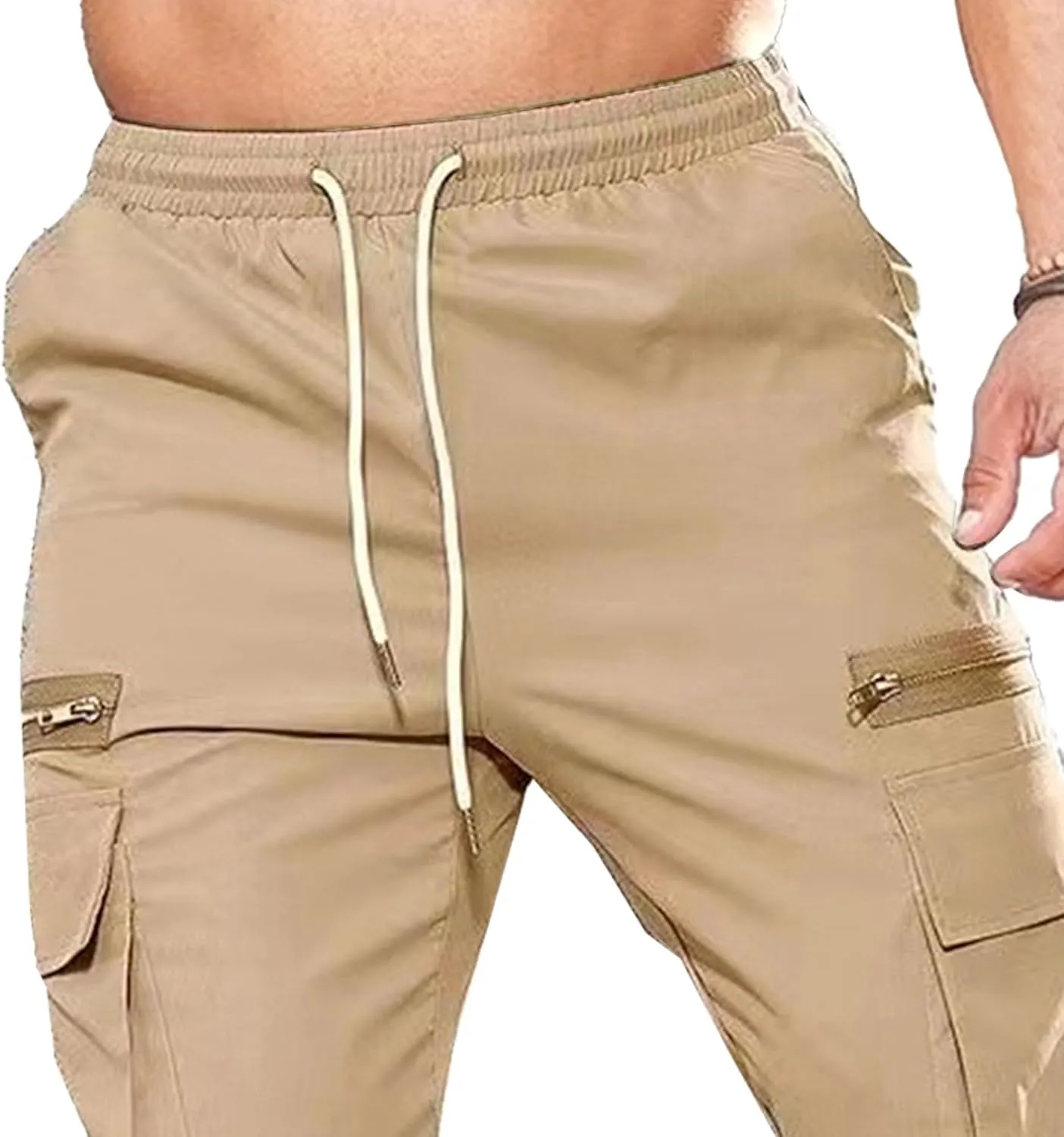 Men's Drawstring Straight Leg Cargo Pants Elastic Waist Athletic Work Trousers Stylish Casual Solid Outdoor Pants