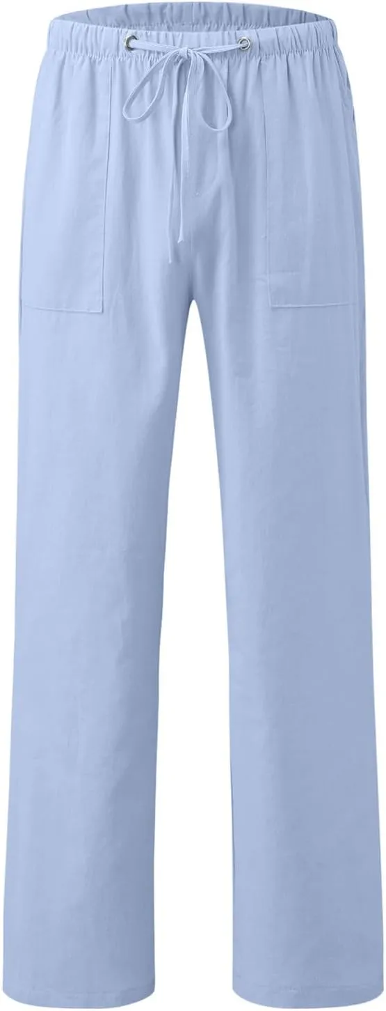 Men's Drawstring Stretch Trendy Cotton Linen Long Pants, Casual Summer Breathable Solid Color Sweatpants