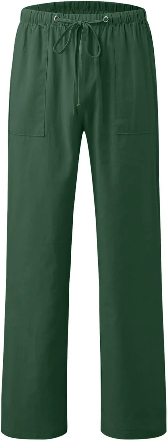 Men's Drawstring Stretch Trendy Cotton Linen Long Pants, Casual Summer Breathable Solid Color Sweatpants