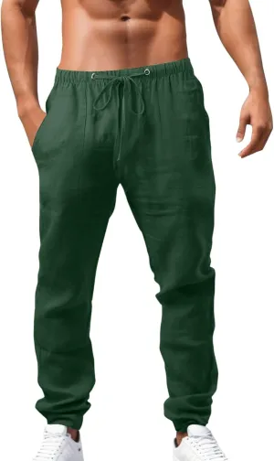 Men's Drawstring Stretch Trendy Cotton Linen Long Pants, Casual Summer Breathable Solid Color Sweatpants