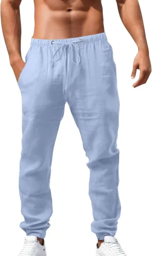 Men's Drawstring Stretch Trendy Cotton Linen Long Pants, Casual Summer Breathable Solid Color Sweatpants